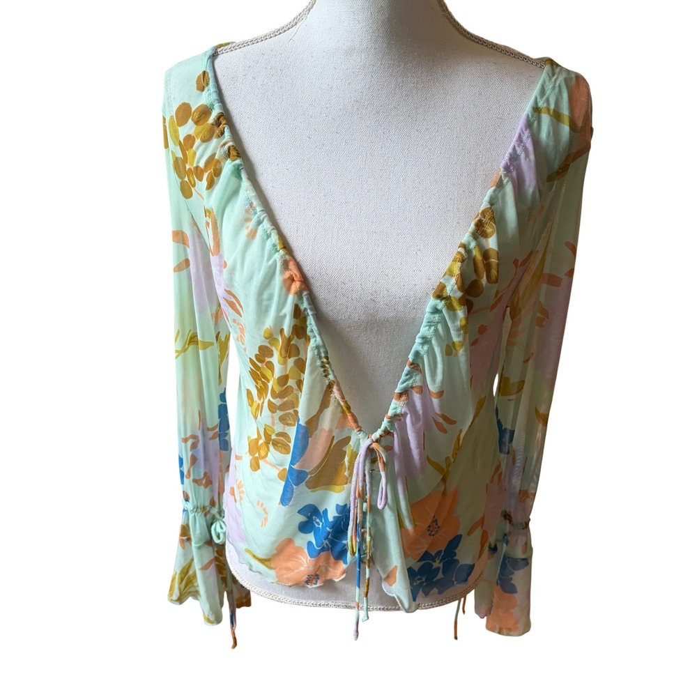 Free People Floral Mesh Tie Front Bell Sleeve Top Mint Green Small Boho Hippie
